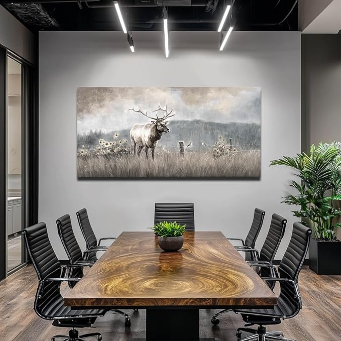 ZHENGYIN Extra Wide Panoramic Elk Canvas Wall Art,Western Deer Meadow Landscape Artwork, Neutral Misty Mountain Scene, Rustic Country Wall Decor for Great Room Living Room, Over Sectional, 29x58 Inch