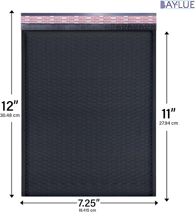 Black 7.25x12 Inch Poly Bubble Mailers #1 | Self Seal Padded Envelopes | Air Cushioned Bubble Mailer | Usable Size 7.25x11 Inch | 100 Pack Bulk | Waterproof | Lightweight Mailing Shipping Bags