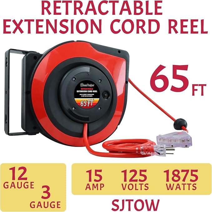 65Ft Heavy Duty Cord Reel, Retractable Extension Cord, 12AWG/3C SJTOW, Lighted Triple Tap Outlets 15A Circuit Breaker, Wall/Ceiling Mounted, Adjustable Stopper UL Listed Red