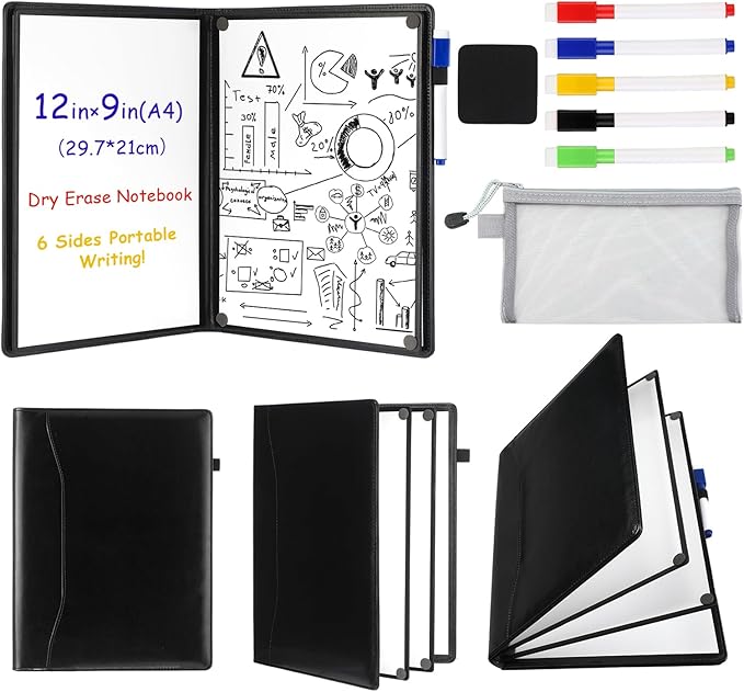 6 Sides Whiteboard Notebook Portable Whiteboard Dry Erase Notebook Portable Dry Erase Board Double Sided Folding Whiteboards White Board for Office Study Meeting (Black,A4: 9"×12”)