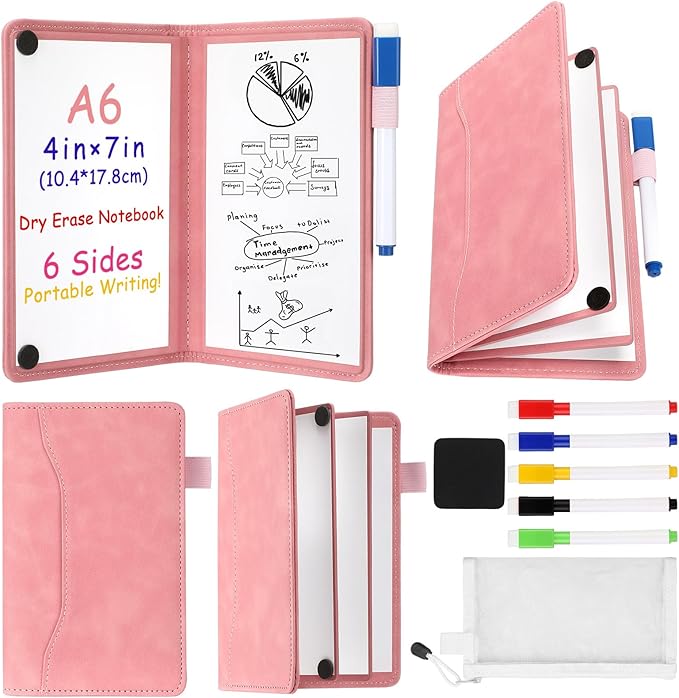 6 Sides Whiteboard Notebook Portable Whiteboard Dry Erase Notebook Portable Dry Erase Board Double Sided Folding Whiteboards White Board for Office Study Meeting(Pink,A6: 4.5"×6”)