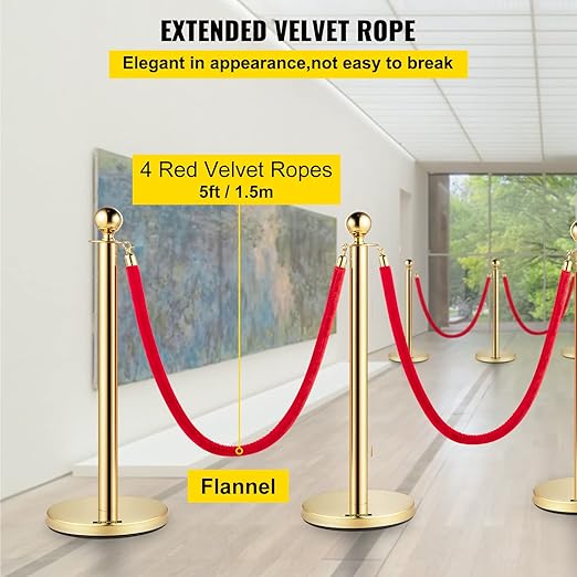 VEVOR Velvet Ropes and Posts 6 Pcs Red Velvet Rope 5 ft, Stanchions Solid Base with Ball Top, Crowd Control Barriers Gold Stanchions, Red Carpet Poles, Crowd Control Ropes and poles for Party Supplies