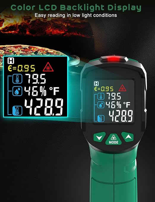 Infrared Thermometer Gun,SQECH Laser Thermometer Gun -58℉～1472℉(-50℃～800℃),Temperature Gun with Ambient Temperature/Humidity/Adjustable Emissivity/Color Backlight for Cooking, Oven,Engine,HVAC