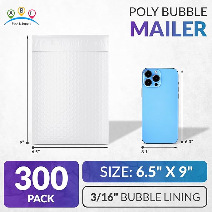 ABC PACK & SUPPLY Poly Bubble Mailers, 6.5 x 9 Inch. Pack of 300 White Padded Envelopes Self Seal. Tear-Proof Gift Bubble Envelopes. Waterproof Packaging for Small Business. Cushioning Book Mailers