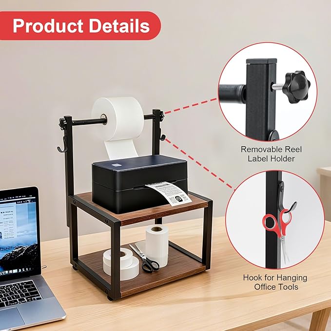 Label Holder for Rolls and Fan-Fold Labels, Wooden Sticker Dispenser for Desktop Thermal Printer and Accessories Storage, Self-Adhesive Label Organizer Stand for Home, Office, Small Businesses