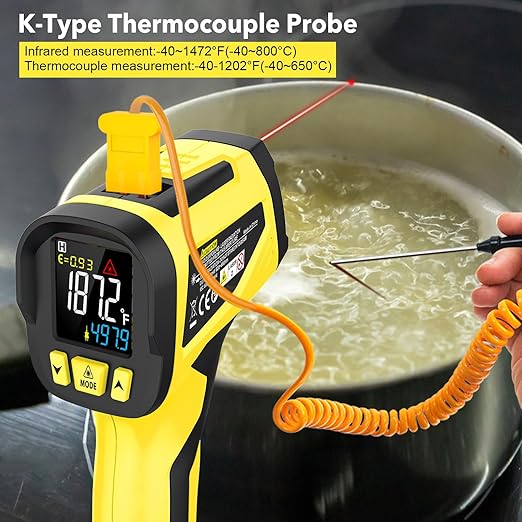 Infrared Thermometer Gun, Digital Laser Thermometrer Temperature Gun with Color LCD for Cooking, Pizza Oven, HVAC, IR Temp Gun with K-Probe, Adjustable Emissivity,-40°F to 1472°F(-40~800°C)
