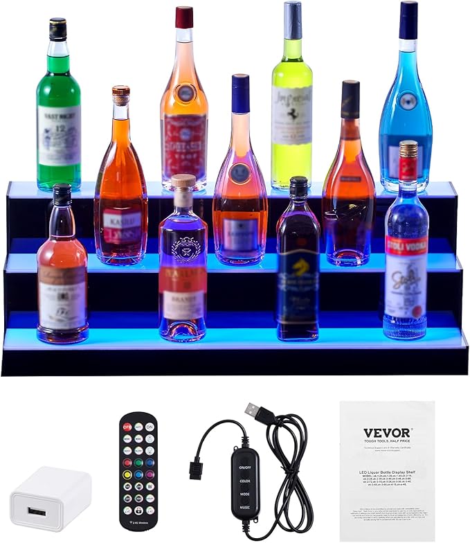 VEVOR LED Lighted Liquor Bottle Display, 3 Tiers 30 Inches, Supports USB, Illuminated Home Bar Shelf with RF Remote & App Control 7 Static Colors 1-4 H Timing, Acrylic Lighted Shelf for 24 Bottles
