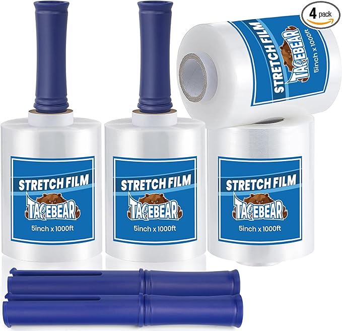 TAPEBEAR Mini Clear Stretch Wrap Film 80 Gauge 5" x 1000Ft, Shrink Wrap Roll with Handle, Durable Self-Adhering Clear Plastic Wrap Industrial Strength Pallet Shrink for Moving, Packing, 4-Pack