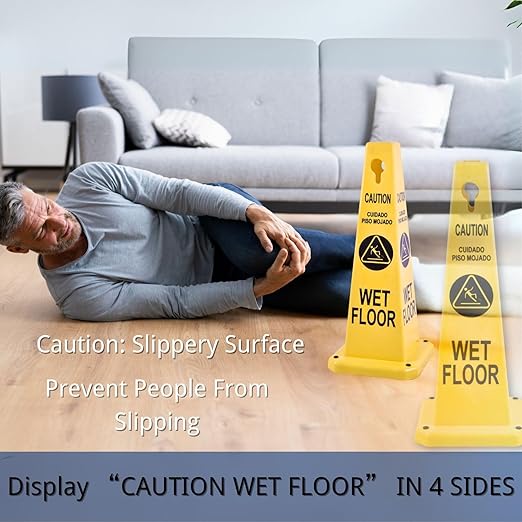 BESEA Caution Wet Floor Signs 4Pack Heavy Duty Caution Cones to Avoid Slipping When Wet Sign, Yellow 4 Sides Bilingual Printing Avoid Fall Slip Accident for Indoors&Outdoors