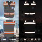 TCCFCCT Safety Vest for Men Women 5 Pockets Mesh High Visibility Reflective Vest with Reinforced Zipper, Durable Construction Work Vest with Fluorescent Orange Edge, Meets ANSI/ISEA, DW-Grey, L