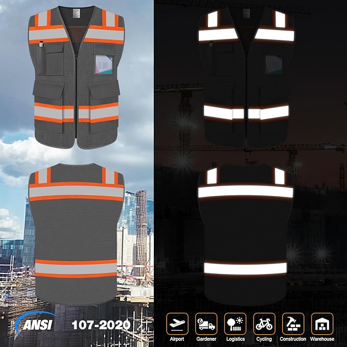 TCCFCCT Safety Vest for Men Women 5 Pockets Mesh High Visibility Reflective Vest with Reinforced Zipper, Durable Construction Work Vest with Fluorescent Orange Edge, Meets ANSI/ISEA, DW-Grey, 5XL