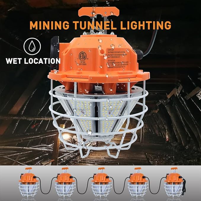 NS 150W High Bay Outdoor Temporary LED Work Light 24250Lm 5000K Daylight White with Stainless Steel Guard and Hook Portable Hanging Lighting for Construction Job Site