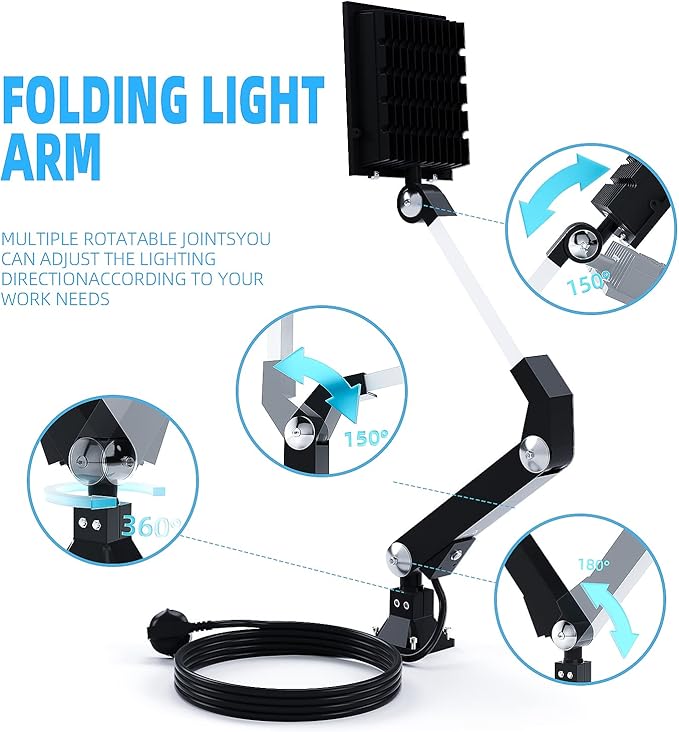 3000 Lumens LED Machine Light with 1M Cable, Adjustable Gooseneck Arm & Screw Base for Drill Press, Lathe, Workbench, Garage