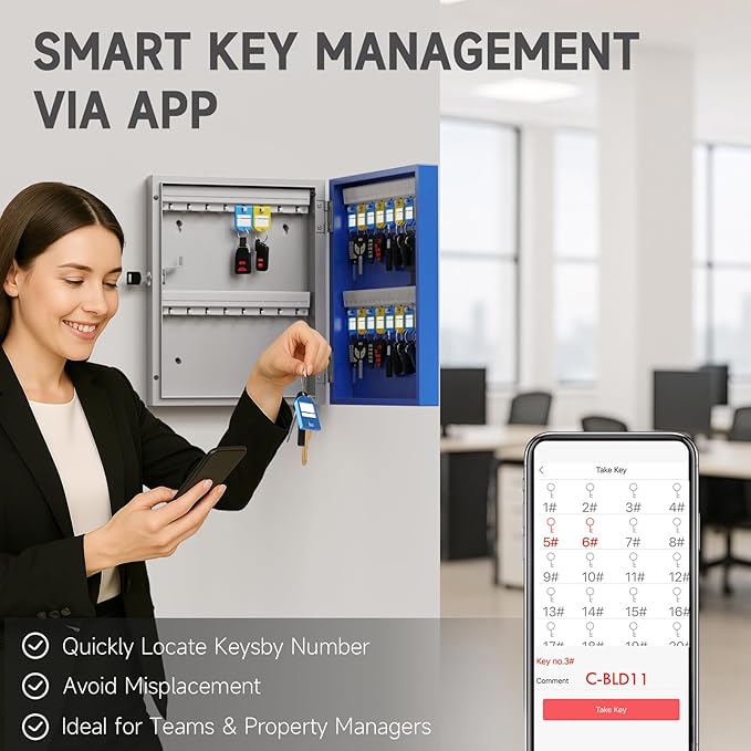 WeHere 32 Key Lock Box Wall Mount, APP Bluetooth/OTP/Wi-Fi/Fixed Code/Key Unlock, Smart Key Cabinet with Tag, Key Organizer Holder box with Management Directory for School, Office, Realtor, Hotel