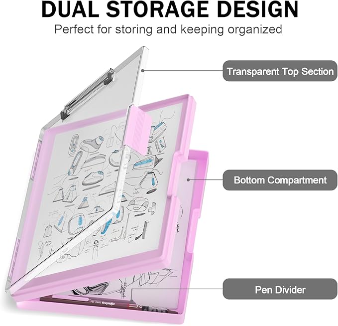 Rimilak Plastic Clipboard with Storage, Side Opening with 2 Compartment, Size 13.3 x 9.4 x 1.5 Heavy Duty High Capacity Nursing Box for Work School & Office Supplies, Rose Pink