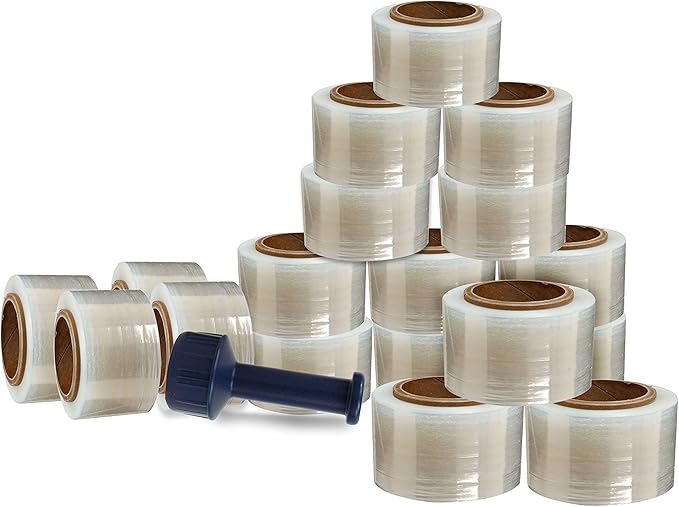 WOD SFCB80 Heavy Duty Hand Stretch Film Wrap 80 Gauge Thick with Dispenser - Clear Shrink Wrap Ideal for Moving, Packing, & Palletizing Applications: 3" in. x 1000 Ft (18-Rolls)