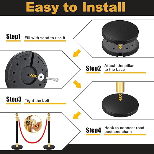 Blulu 8 Sets Stainless Steel Stanchion Set 8 Crowd Control Poles 7 Velvet Ropes and 2 A4 Sign Holders Carpet Ropes and Hollow Base Poles Easy Assembly Safety Barrier for Event Party(Black Gold)
