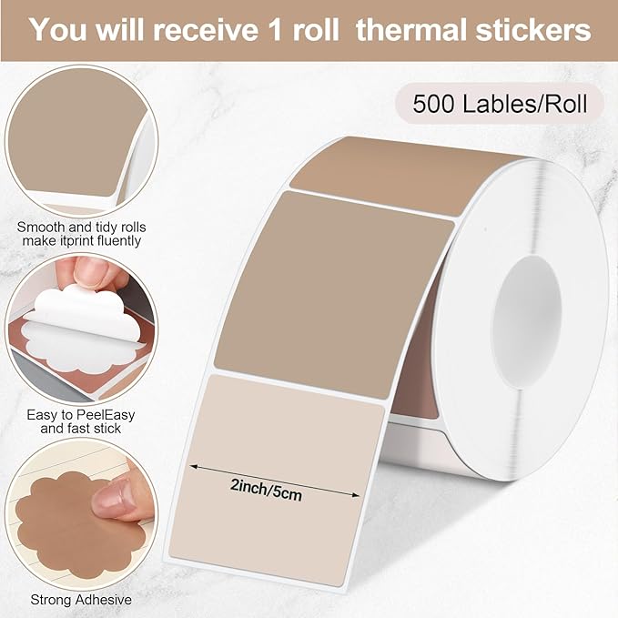 Ctosree 500 Pcs/ 1 Roll Thermal Sticker Labels Self Adhesive Direct Thermal Labels Multipurpose Printer Stickers for DIY, Name Tag (Flower,2 Inches,Brown Gradient)
