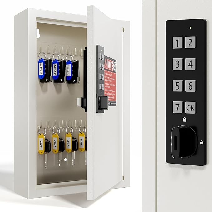 Grimtron 40 Keys Electronic Key Lock Box for Keys with Code, Private/Public/Password Hiding Mode Beige Key Cabinet Wall Mount for Garage/Property Management Key Storage