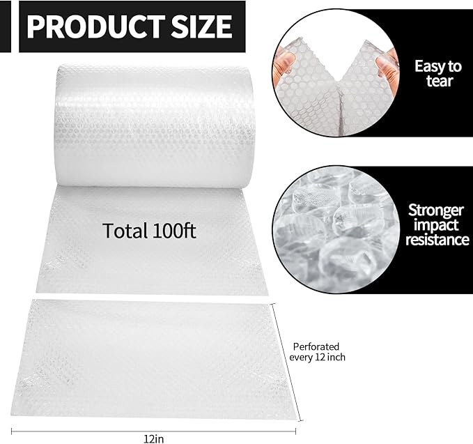 2 Pack-12 inchx100ft Total Small Bubble Cushioning Wrap Bubble Wrap for Extra Protection Packaging Mailers, Nylon Wrap Rolls Moving Cushioning Supplies for Moving & Shipping, Perforated Every 12”