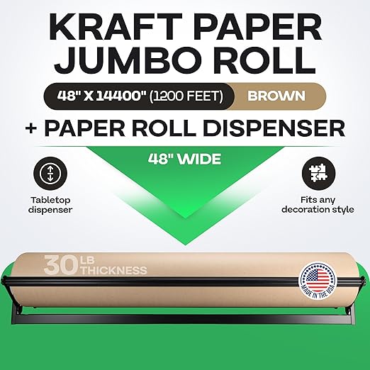Brown Kraft Paper Jumbo Roll 48" x 14400" (1200 ft) with Dispenser – USA-Made Natural Kraft Paper 30lb Thickness for Packing, Wrapping, Void Filling, Kids' Arts, DIY & School Projects by IDL Packaging