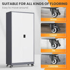 Garage Cabinet with Wheels and Adjustable Shelves, Metal Garage Storage Cabinets with 2 Doors, Storage Caninet with Lock, Large Tool Cabnet for Workshop/Home/Office-(Gray White 75”H)