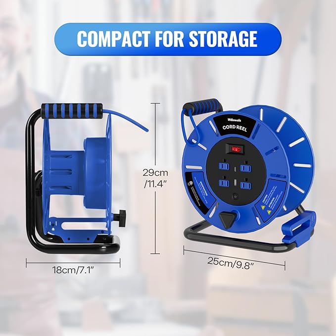 Extension Cord Storage Reel with 4-Grounded Outlet & 2 USB Port, 15A Circuit Breaker, Heavy Duty Open Cord Reel for 12/3,14/3 Gauge Power Cord, Hand Wind Retractable, ETL Listed Blue U85CR06