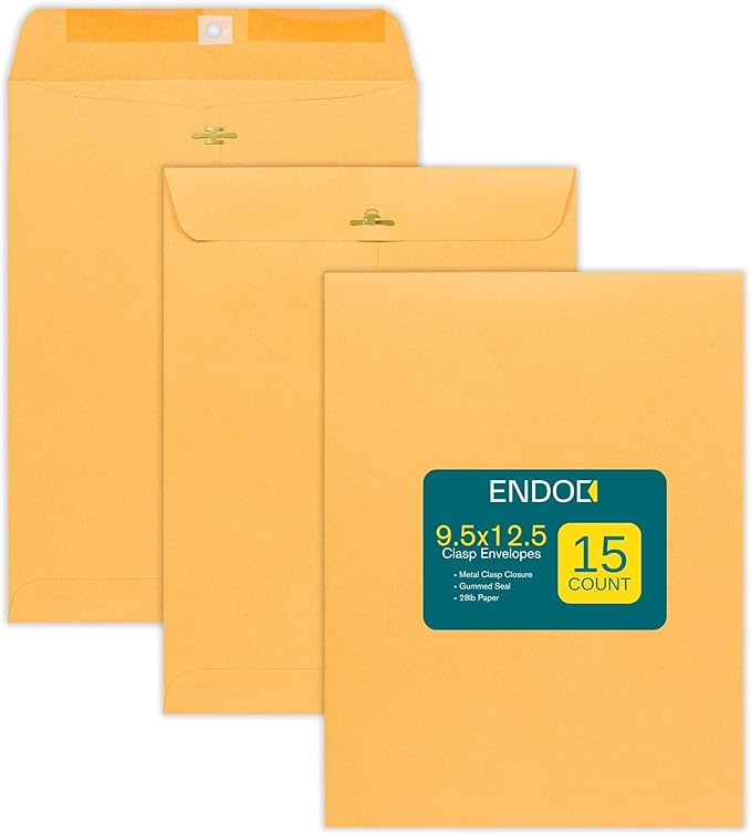 Clasp Envelopes – 9.5x12.5 Inches Brown Kraft Catalog Envelopes Letter Size -15 Pack - with Clasp Closure & Gummed Seal – 28lb Heavyweight Paper Envelopes for Home, Office, Business, Legal or School