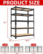 PrimeZone 35.5" x 12" x 72" Heavy Duty Storage Shelves - 5 Tier Adjustable Garage Storage Shelving, Metal Storage Utility Rack Shelf Unit for Warehouse Pantry Closet Kitchen, Black, 4 Pack