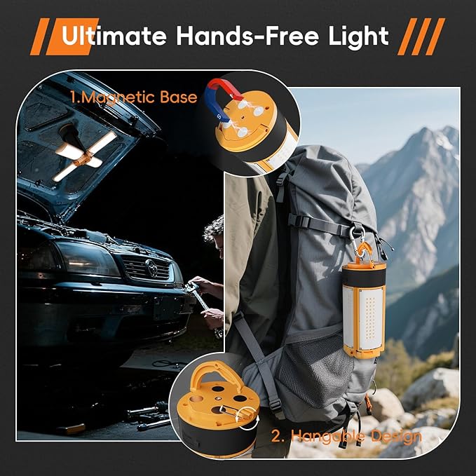 T-SUN Rechargeable Camping Light with Stand, 10400mAh LED Work Light 4100 Lumens with 4 LED Lamp Heads, Portable Work Light with Detachable Tripod 67" Max Height, Magnetic Emergency Flashlight