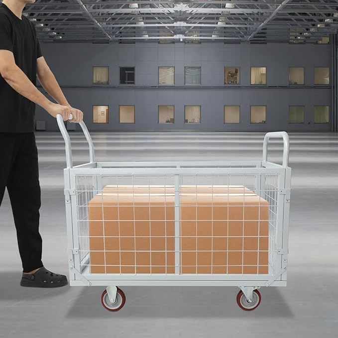 4-in-1 Heavy Duty Platform Truck Cart with Removable Cage, Folding Hand Cart with 4 Wheels, 1800 Lbs Load Capacity, Multi-Purpose Push Dolly for Groceries, Warehouse, Workshop, Logistics, Silver