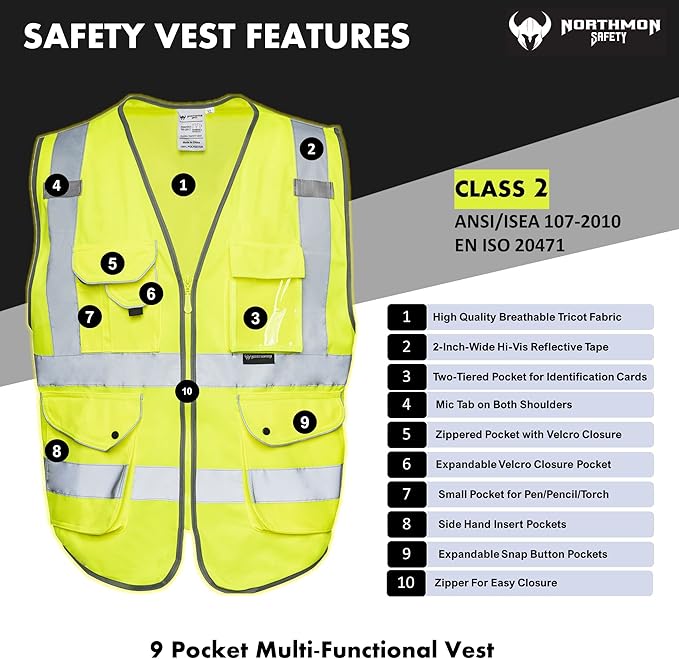 Vest 9 Pockets Class 2 High Visibility Zipper Front Construction Vest For Men & Women – Yellow
