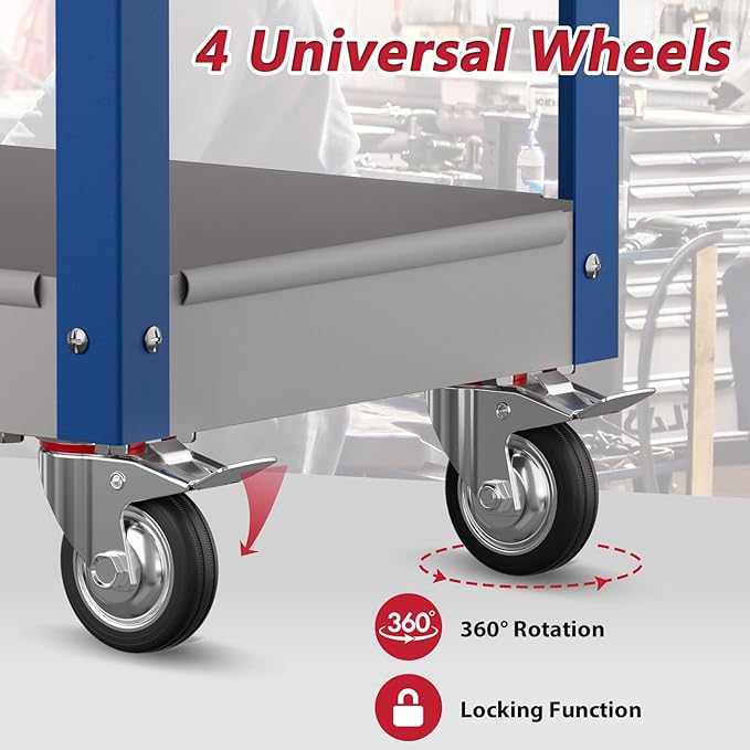 3 Tier Rolling Tool Cart on Wheels, Heavy Duty Industrial Utility Cart Service Cart with Drawer and Screwdriver Rack Pegboard, 550 LBS Mobile Tool Storage Organizer for Workshop, Garage(Gray-Blue)