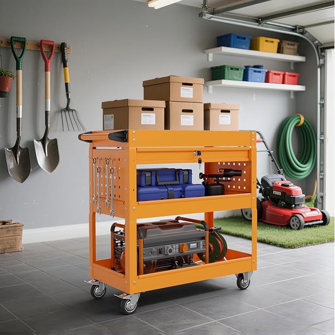 3 Tier Rolling Tool Cart on Wheels, 450 LBS Capacity Tool Cart with Drawers, Heavy Duty Rolling Utility Carts on Wheels, Rolling Tool Work Carts for Garage, Warehouse and Repair Shop,Orange