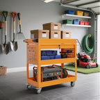 3 Tier Rolling Tool Cart on Wheels, 450 LBS Capacity Tool Cart with Drawers, Heavy Duty Rolling Utility Carts on Wheels, Rolling Tool Work Carts for Garage, Warehouse and Repair Shop,Orange