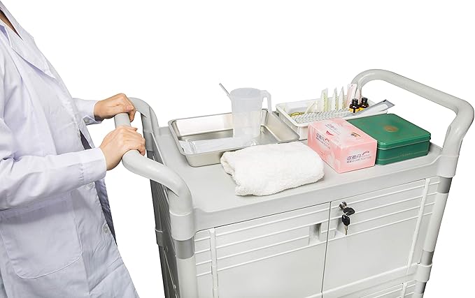 JaboEquip Large Lockable Medical Cart 3 Shelf Hospital Cart Overall Size L34.43xD19.69 inch, JBG-3D2, 606 lbs Load Cap. Off-White (Light Grey) Color