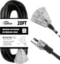 3-Outlets Indoor Outdoor Extension Cord Weatherproof with Lighted End, UL Listed, 10 Gauge 20FT Black 3 Prong Heavy Duty, 10/3 SJTW 15A Power Cord