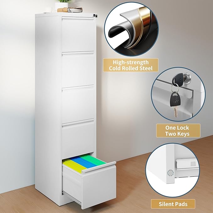 5 Drawer File Cabinet with Lock, Vertical Filing Cabinets for Home Office, Metal Storage Cabinets, Heavy Duty File Cabinet for Letter/Legal/A4/F4 Size Amssebly Required, White