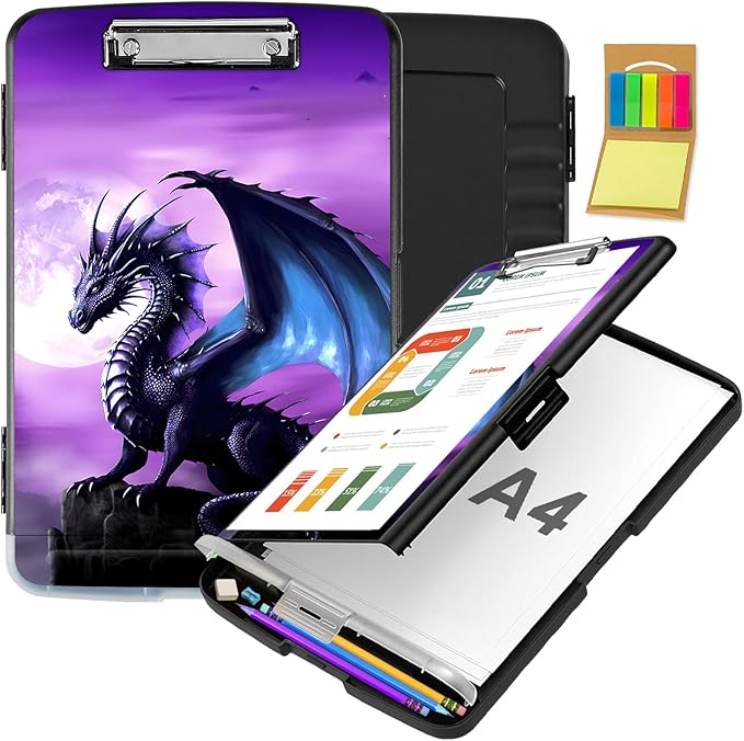 Clipboard with Storage,Office Supplies Nursing Clipboards Folder with Pen Holder Plastic Storage ClipBoard Foldable for Teacher Nurse,Purple Dragon