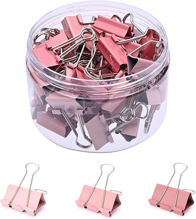 Temiary Aesthetic Binder Clips, 48 Pcs 0.98 Inches Small Metal Binder Clip with Clear Storage Container, Binding Paperwork Clamps for School Teachers Office Supplies (Pink)