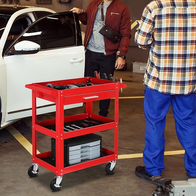 TUFFIOM 3 Tier Rolling Tool Cart with Drawer, Tool Service Cart on Wheels w/2 Brake, 330 LBS Capacity Industrial Heavy Duty Utility Cart, Tool Organizer for Mechanic, Garage, Warehouse & Repair Shop