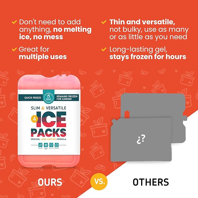 Healthy Packers Reusable Ice Packs for Lunch Boxes - Long Lasting Slim Freezer Packs, Thin Non-Toxic BPA-Free Hard Gel Ice Blocks for Coolers, Kids & Adults Lunch Bags, Travel, Camping, Food Storage