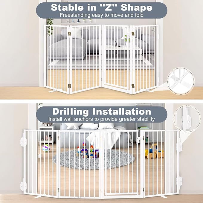 Metal Freestanding Dog Gates with Door for Outdoor Indoor,160'' Extra Wide 36'' Tall Free Standing Dog Gate for Doorways,Large Openings,Deck,Yard,Porch,Foldable Pet Fence (White,8 Panels)