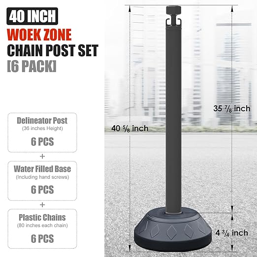 6-Set Pack 40" inch Black Work Zone Chain Post Set, Traffic Queue Delineator Post Cones, 6 x 6.6' Feet Plastic Chains, Portable Crowd Control Stanchions Set (Black-Water Filled Base)