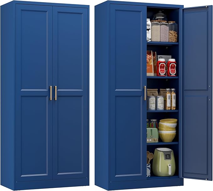 Kitchen Pantry Cabinet, 71 Inch Tall Metal Pantry Cabinet with Doors and Adjustable Shelves, Freestanding Food Cupboard, Storage Cabinets for Dining, Living Room, Navy Blue, Assemble Required