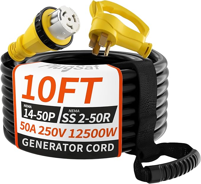 50 Amp Generator Cord, 10FT 50 Amp RV Extension Cord with Twist Lock, Generator Cable 50A 4 Prong, NEMA 14-50P to SS2-50R Heavy Duty STW Wire for RV Camper & House