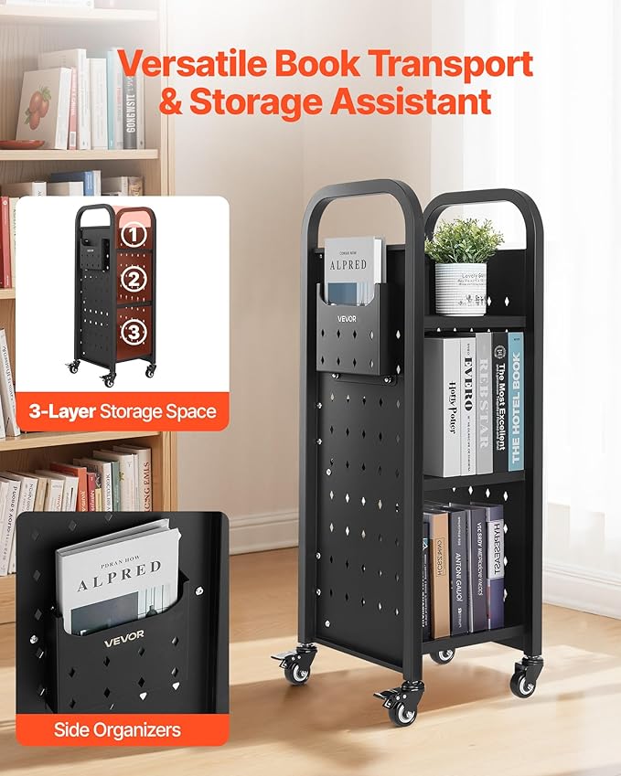 VEVOR Rolling Library Book Cart, 220 lbs Capacity, 12.6 x 13.8 x 36.8-Inch Library Cart, Single Sided L-Shaped Shelves with 2-Inch Lockable Wheels, Book Truck for Home Shelves Office and School, Black