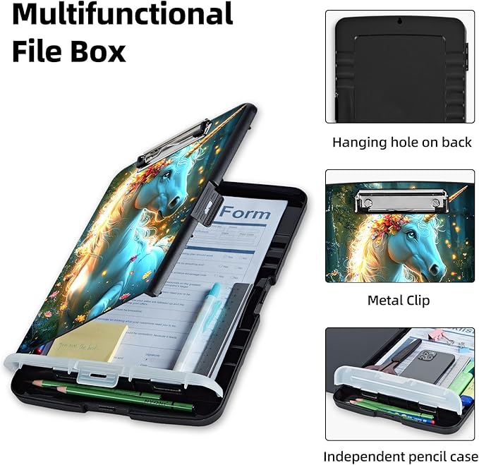 Clipboard with Storage Box & Pen Holder,Heavy Duty Clip Boards 8.5x11 for Nursing,High Capacity,School & Office Supplies,Enchanted Unicorn