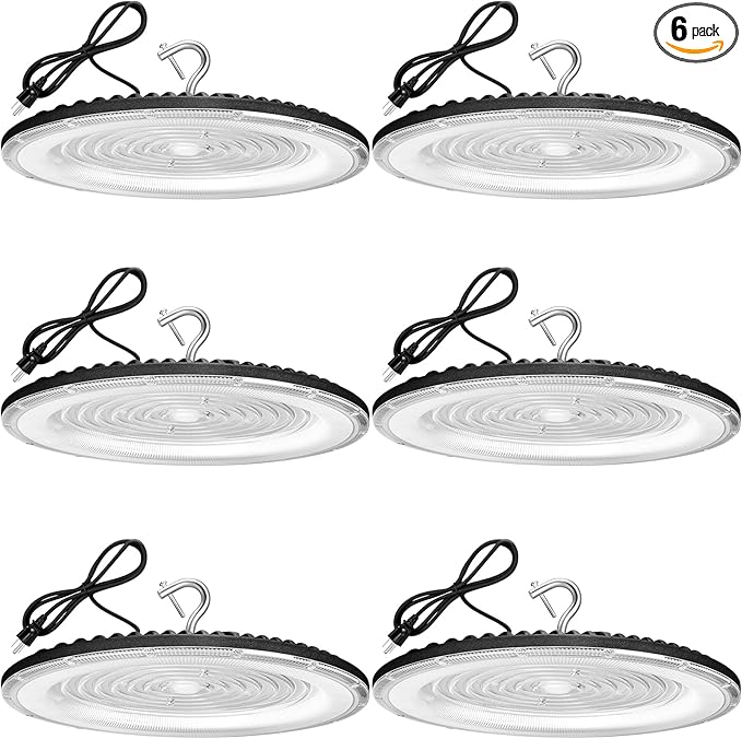 6 Pack 300W UFO Led High Bay Light,120VAC,5000K Daylight Commercial Bay Lighting,IP66 Waterproof,45050LM,1300W MH/HPS with Plug Area Lighting for Warehouse/Shop/Workshop/Barn/Gym/Factory