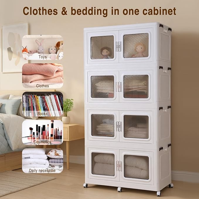 1200Qt Extra Large Stackable Storage Bin with Lid - 300Gal Heavy-Duty Plastic Collapsible Drawer with Wheels, Closet Storage Organizer for Clothes, Toys & Household Items, 4-Pack White